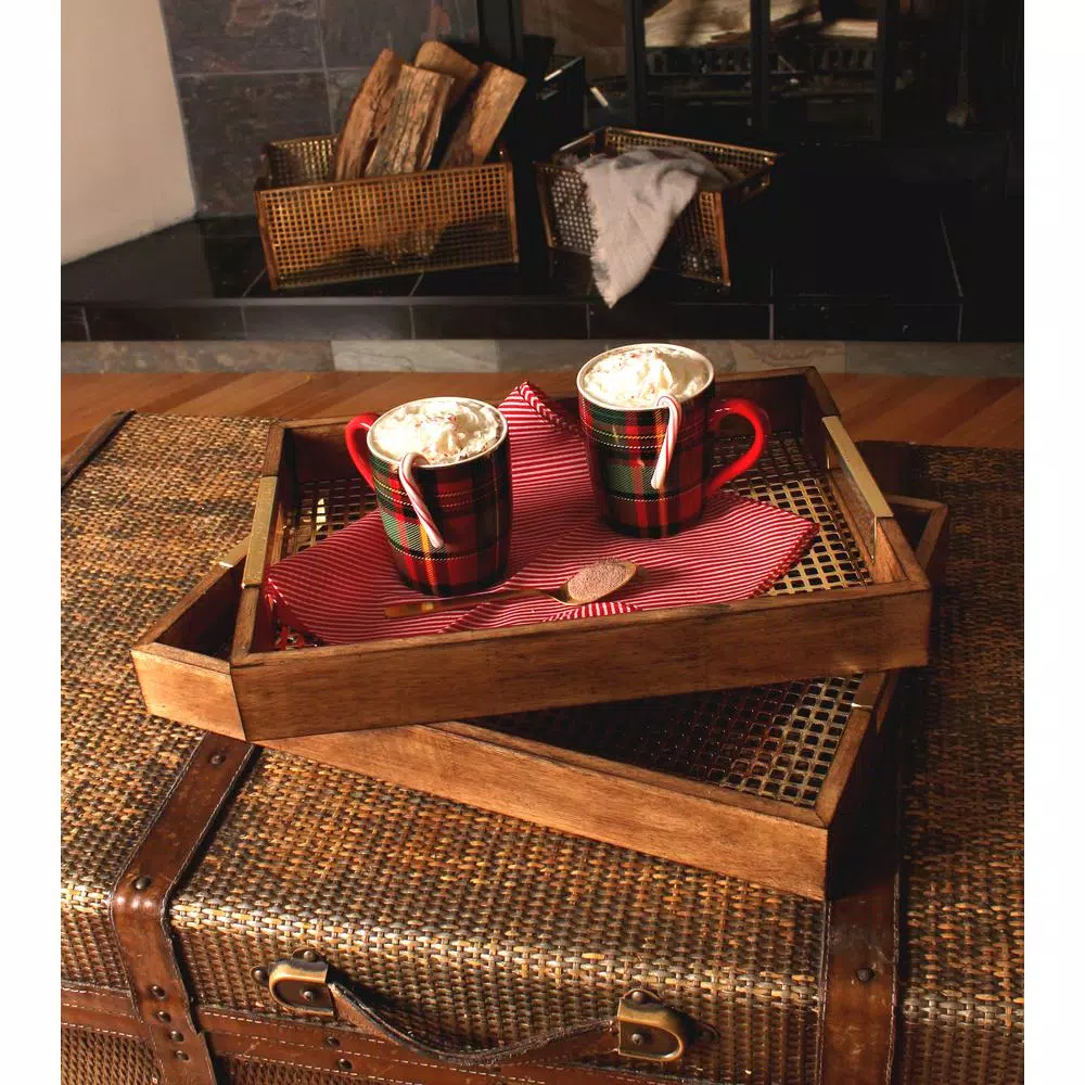 Kate and Laurel Hanneli Gold and Walnut Decorative Tray Set of 2 - Modern Glam Perforated Metal and Wood Trays