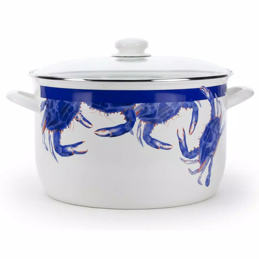 Golden Rabbit Blue Crab 18 qt. Porcelain-Coated Steel Stock Pot Set with Glass Lid and Rack