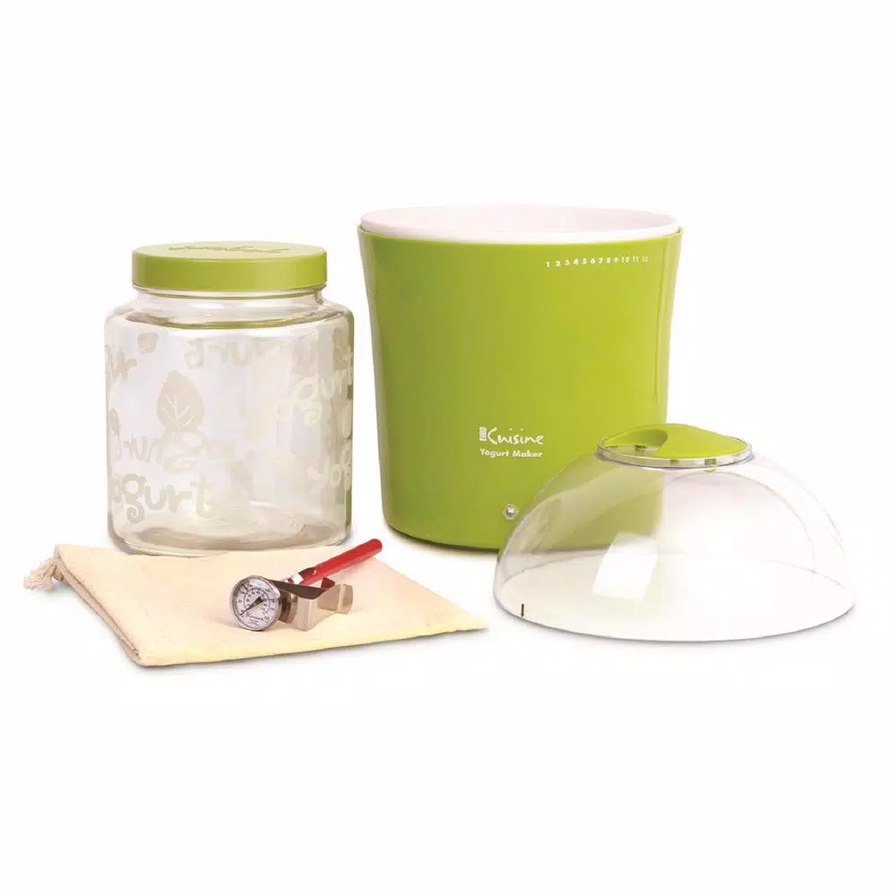 Euro Cuisine 2 Qt. Yogurt Maker with Glass Jar, Stainless Steel Thermometer, and Greek Yogurt Cotton Bag - Green