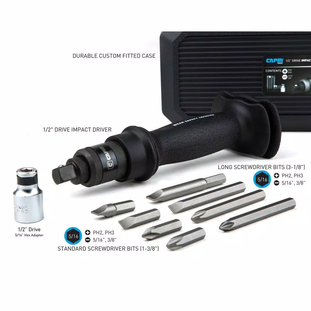 Capri Tools 10-Piece 1/2 in. Drive Impact Screwdriver Set with Hex Adapter and Bits