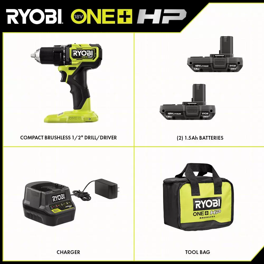 RYOBI ONE+ HP 18V Brushless 1/2 in. Compact Cordless Drill/Driver Kit with (2) 1.5 Ah Batteries, Charger, and Bag