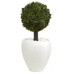 Nearly Natural 26 in. Artificial Boxwood Topiary Tree with White Oval Planter and River Rocks thumbnail 1
