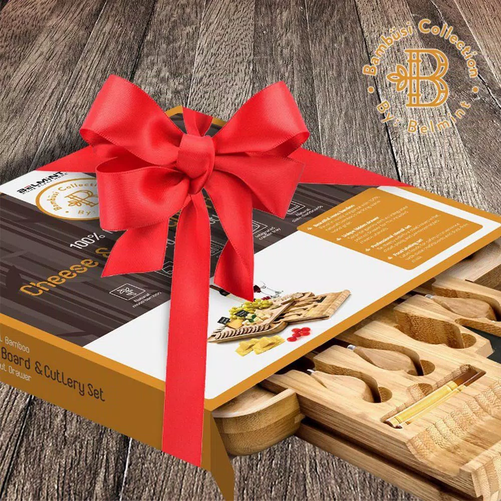 Bambusi Bambsi Bamboo Cheese Board and Cutlery Set with Slide Out Drawer and 4 Utensils