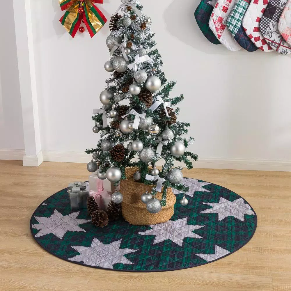 Country Living 48 in. Christmas Carol Plaid and Star Quilted Tree Skirt, Navy and Green