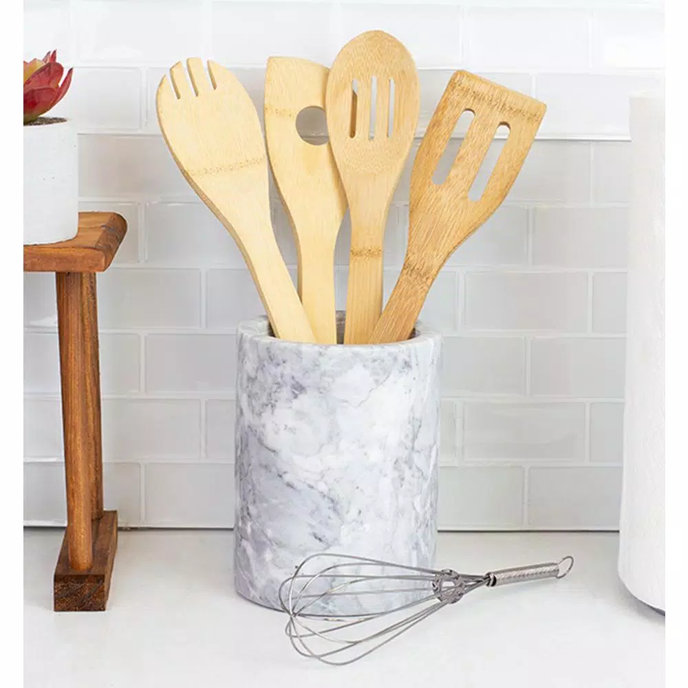 Unbranded White Marble Utensil Holder - Heavy Duty Large Capacity Utensil Crock