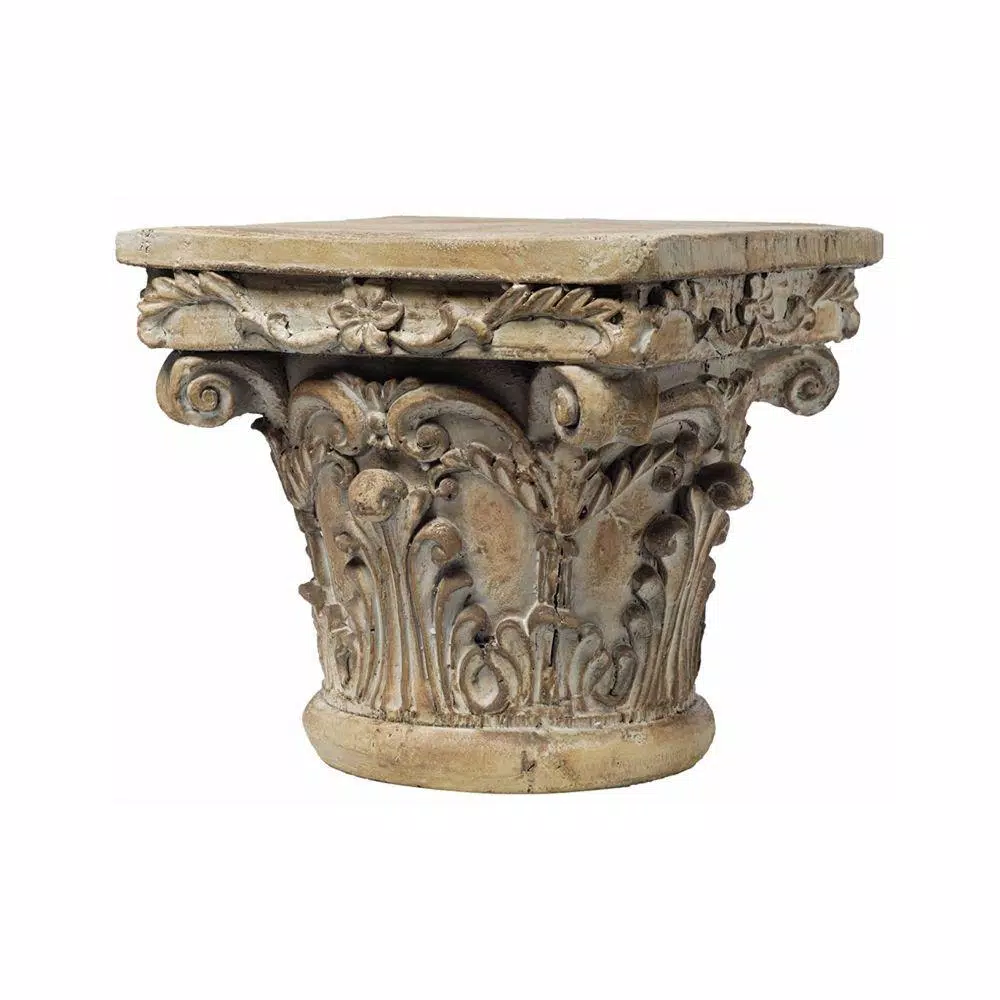 Benjara Aesthetic Resin Decorative Pedestal with Acanthus Leaf Design and Scrolled Details, Brown