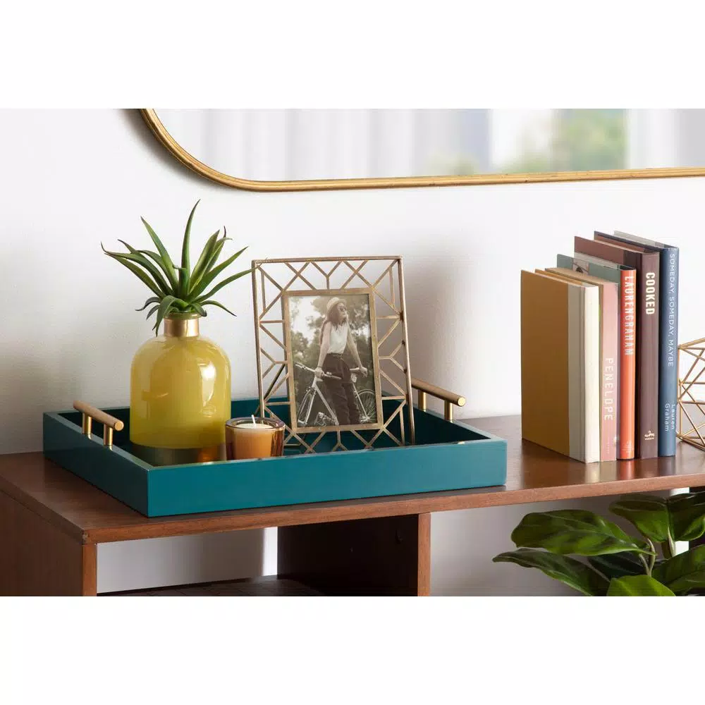 Kate and Laurel Lipton Teal Decorative Mid-Century Modern Tray with Gold Metal Handles