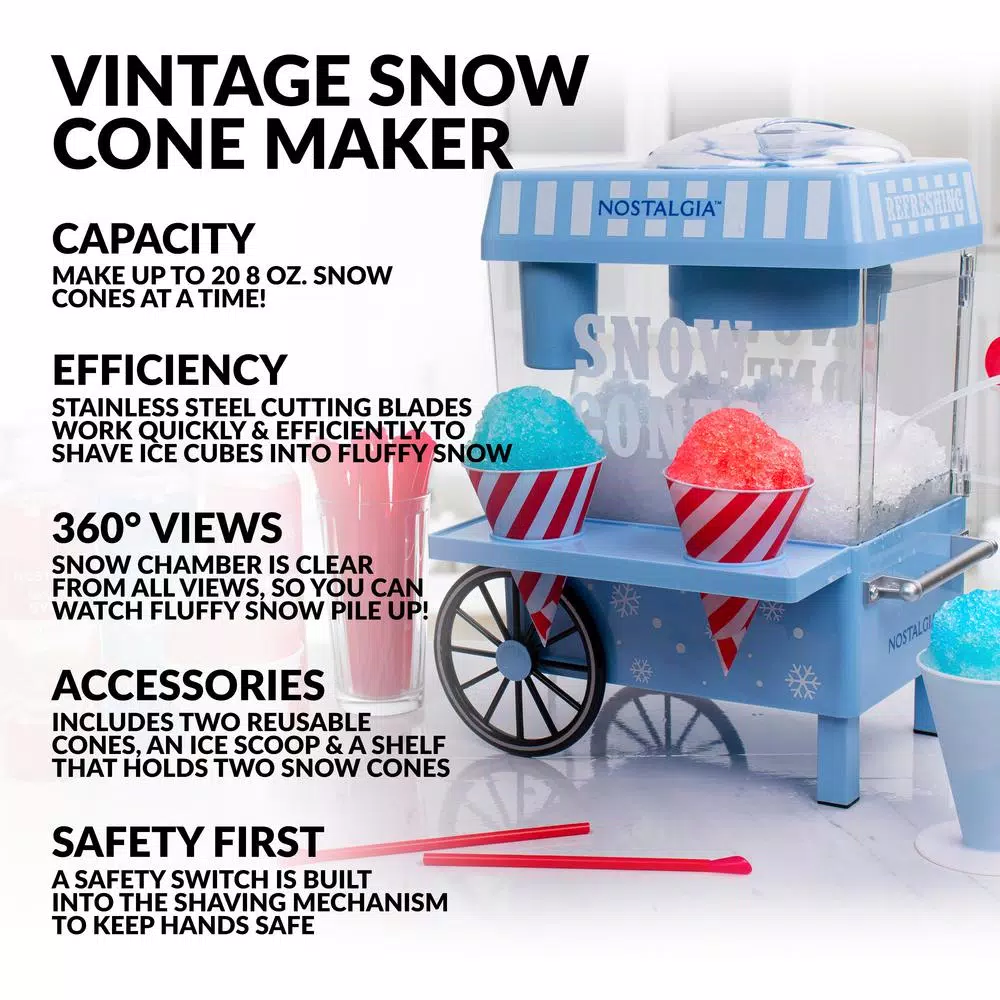 Nostalgia Vintage 160 oz. Snow Cone Maker in Blue with Reusable Cones and Ice Scoop