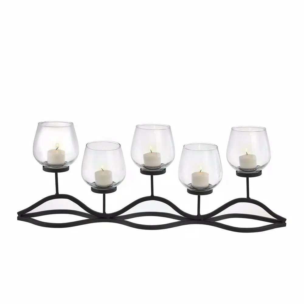 Danya B Wavy Black Iron 5-Light Hurricane Candelabrum with Glass Cups