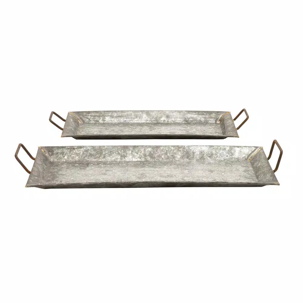 LITTON LANE Farmhouse Galvanized Metal Rectangular Serving Trays, Set of 2