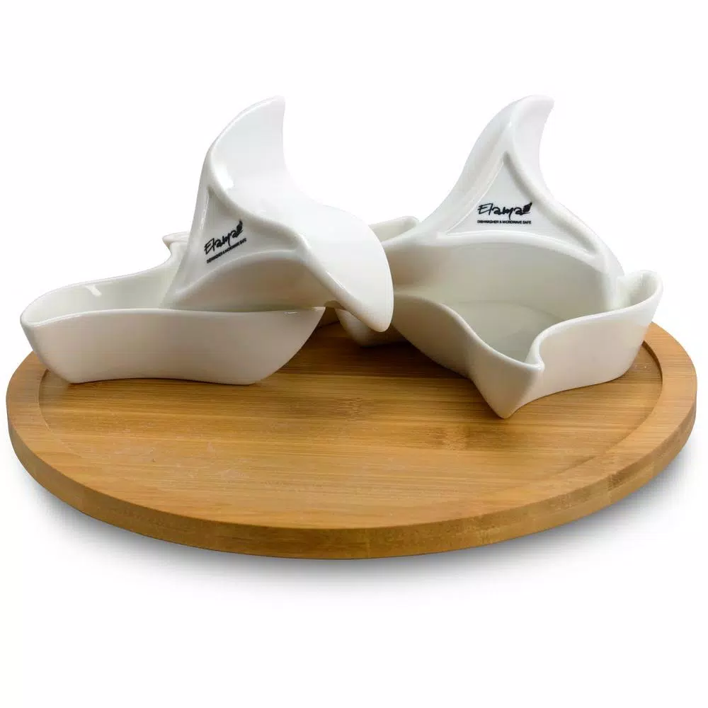 Elama Signature Collection Stoneware Appetizer Bowls with Bamboo Lazy Susan Serving Tray