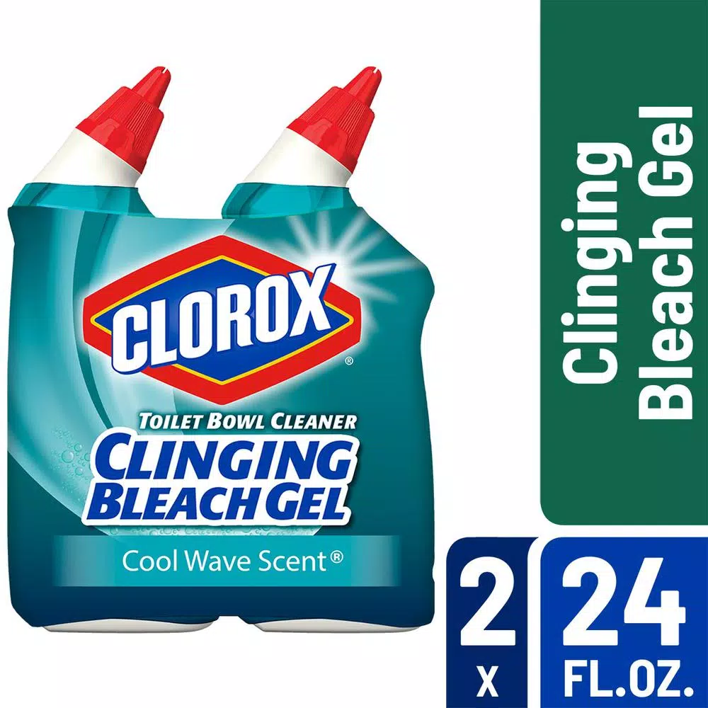 Clorox Toilet Bowl Cleaner Clinging Bleach Gel, Cool Wave Scent, 24 oz (2-Pack)