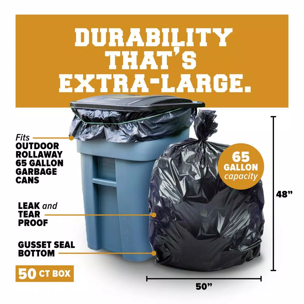 Plasticplace 65 Gallon 3.0 Mil Black Extra-Heavy Duty Gusset Seal Trash Bags, 50 in. x 48 in. (50-Case)