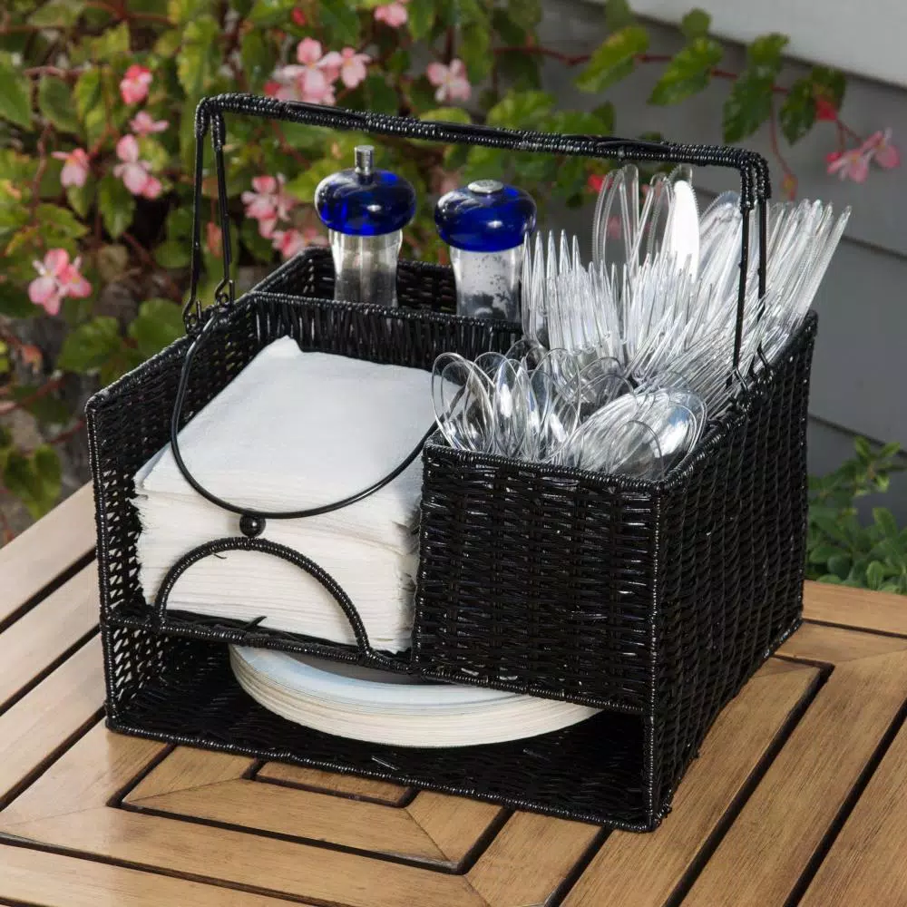 Trademark Innovations 12 in. Black Rattan Tabletop Condiment Organizer and Flatware Caddy