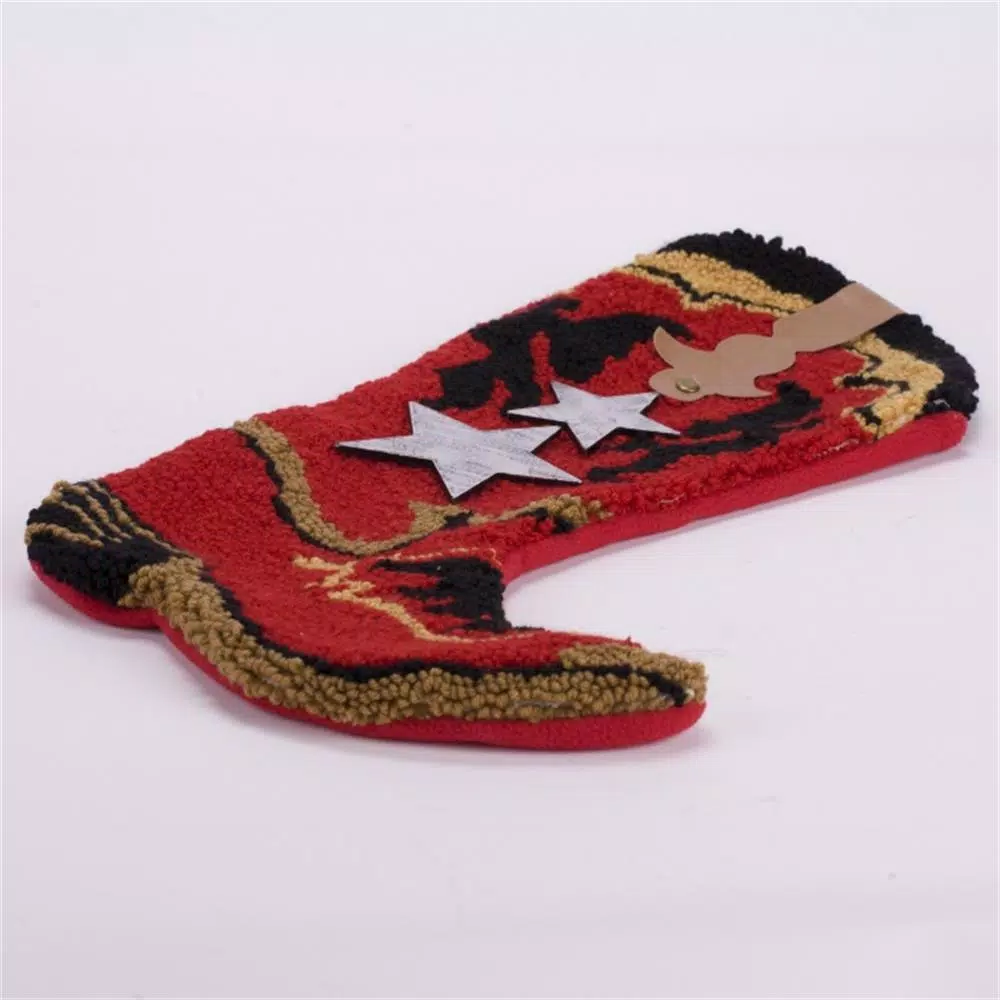 Glitzhome Red Cowboy Boot Christmas Stocking with Decorative Stars and Strap Detailing