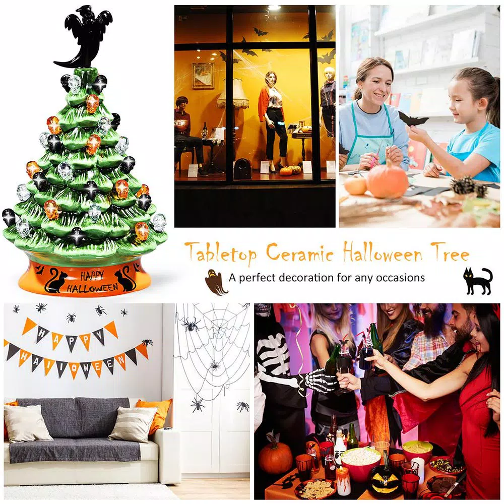 Costway 11.5 in. Green Ceramic LED Haunted Halloween Tree with Ghost and Skeleton Accents