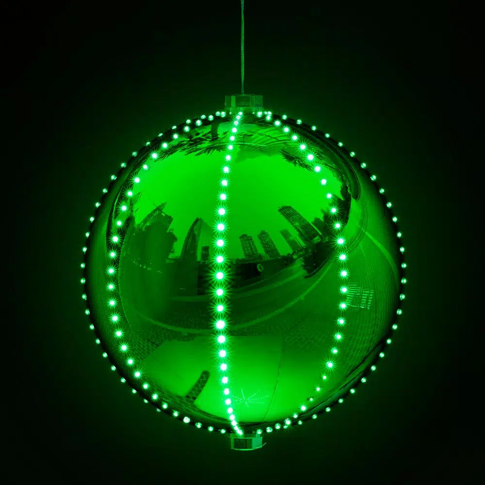 Alpine Corporation 13 in. Green Hanging Christmas Ball Ornament with 240 Chasing LED Lights