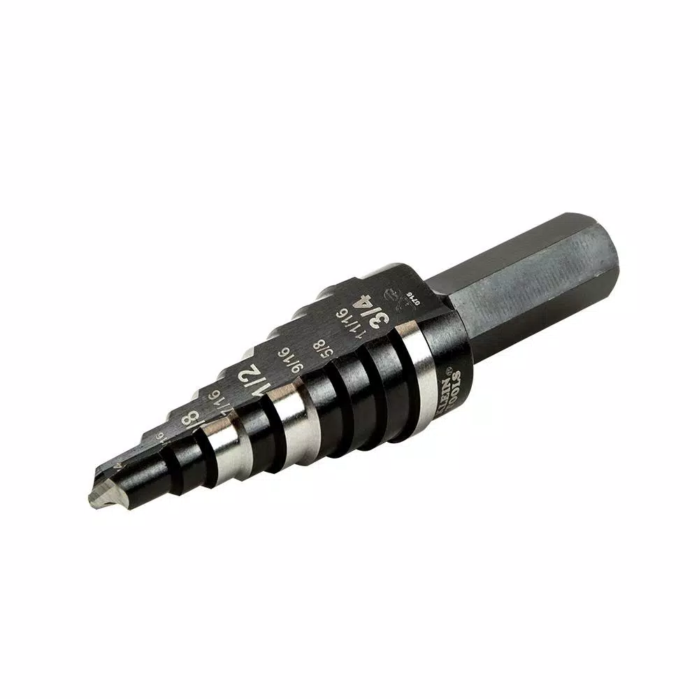 Klein Tools Double Fluted Step Drill Bit, 1/4 in. to 3/4 in., 3/8 in. Hex Shank, High Speed Steel