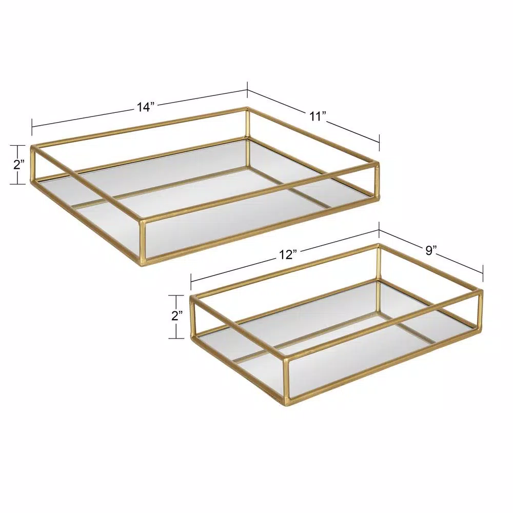 Kate and Laurel Felicia Gold Mirrored Metal Nesting Tray Set - Decorative Rectangular Trays for Home Decor