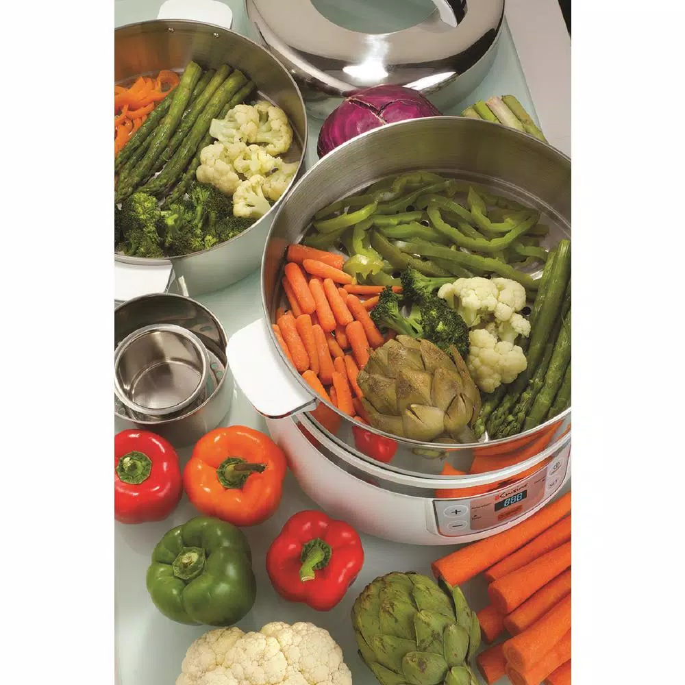 Euro Cuisine 16.9 Qt. 2-Tier Stainless Steel Electric Food Steamer and Rice Cooker with LCD Timer