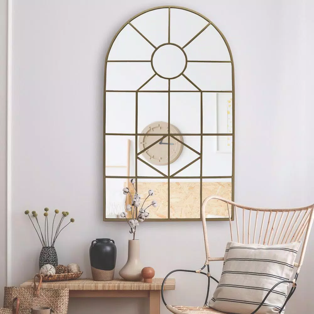Home Decorators Collection Arched Gold Windowpane Accent Mirror, 24 x 39.3 in.