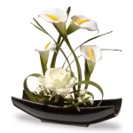 National Tree Company 11 in. White Rose and Calla Lily Silk Floral Arrangement in Black Ceramic Oriental Dish thumbnail 1