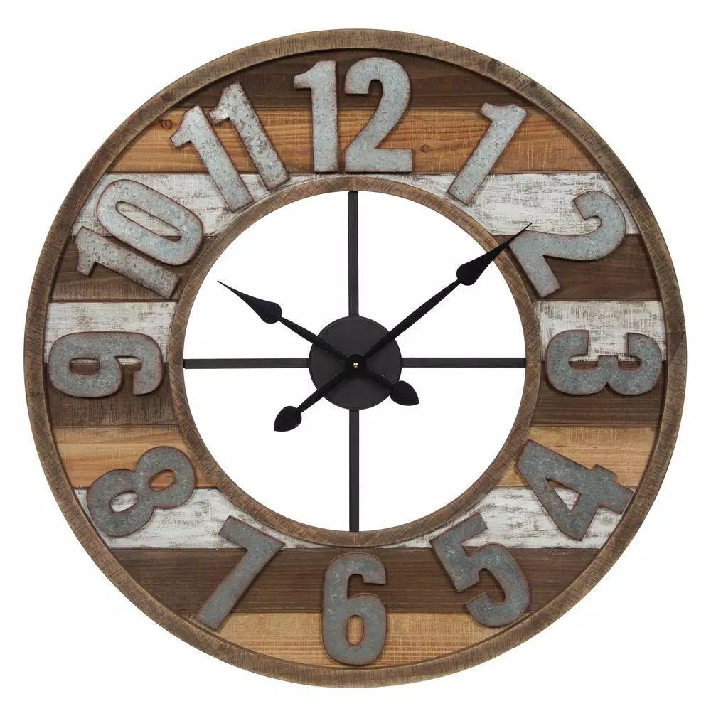 Pinnacle 33 in. Rustic Reclaimed Wood and Metal Round Wall Clock - Farmhouse Style