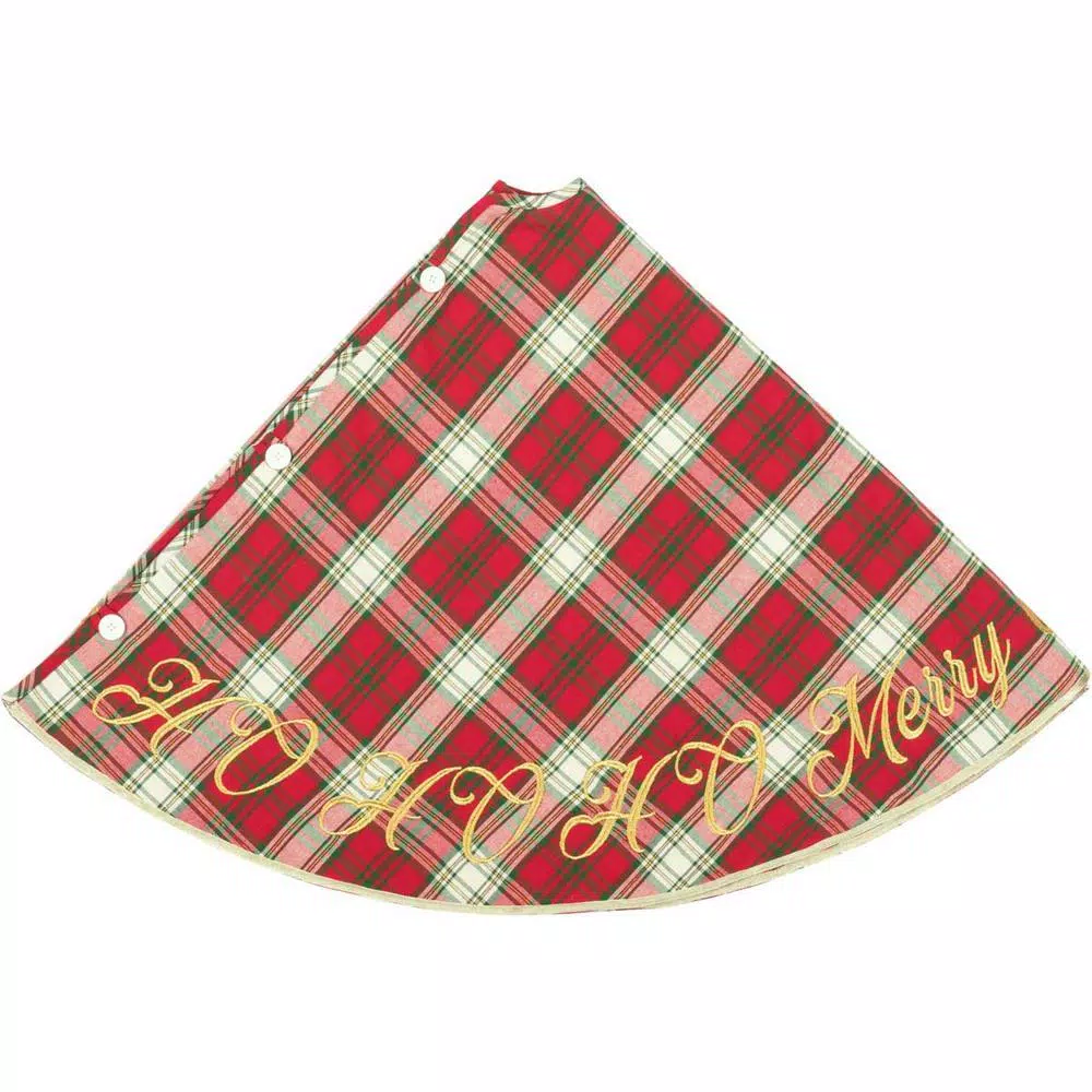 VHC Brands 55 in. Holiday Cherry Red Plaid Cotton Christmas Tree Skirt with Gold Embroidery