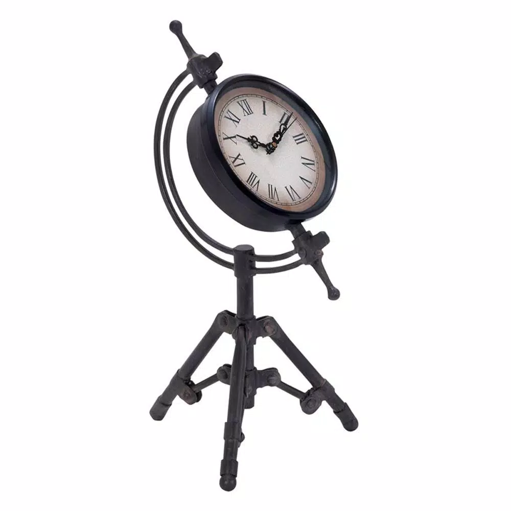 LITTON LANE Classical 14 in. Rusted Black Iron Tripod Table Clock with Alarm