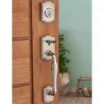 Baldwin Prestige Wesley Single Cylinder Satin Nickel Handleset with Arch Rose Carnaby Knob and SmartKey Security thumbnail 10