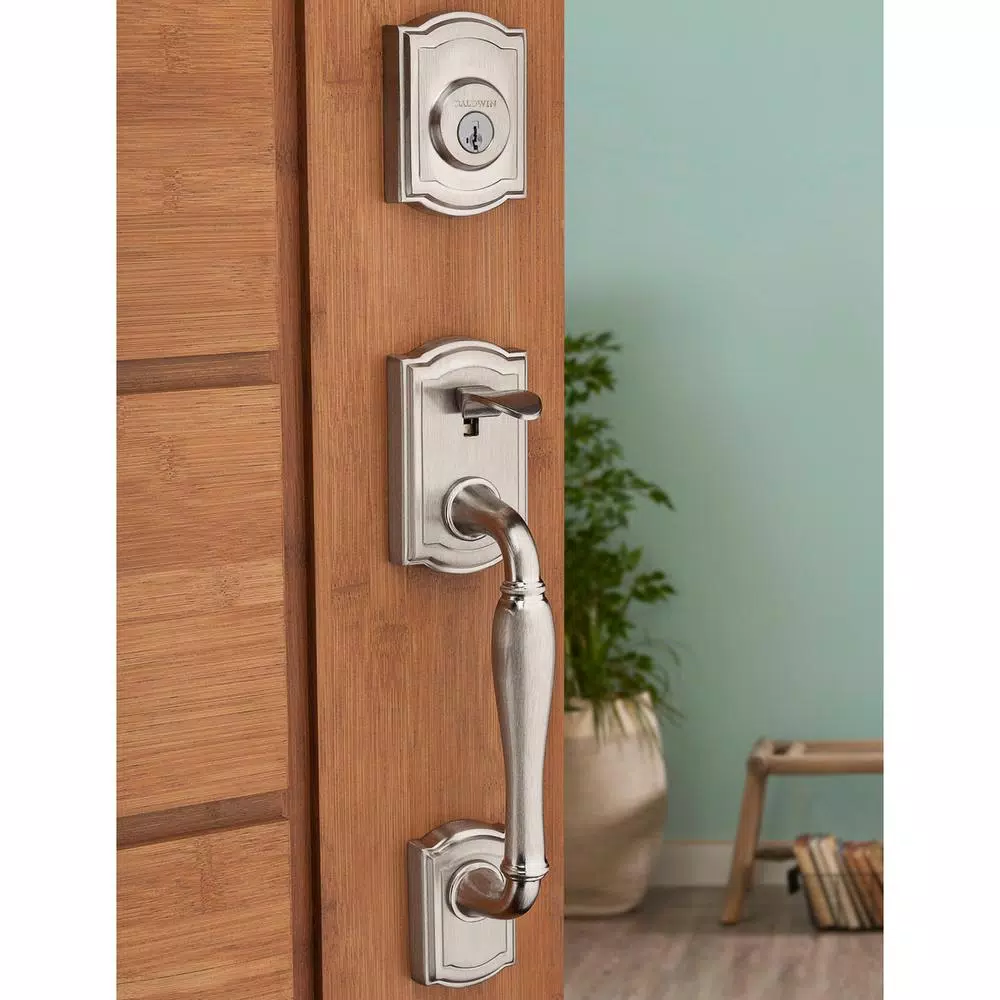 Baldwin Prestige Wesley Single Cylinder Satin Nickel Handleset with Arch Rose Carnaby Knob and SmartKey Security