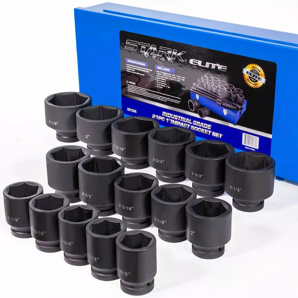 Stark 1 in. Drive Cr-Mo Steel 6-Point SAE Deep Impact Socket Set with Extensions and Case, 21-Piece