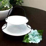 Gibson Elite Gracious Dining 3-Piece White Porcelain 2-Tiered Serving Set with Metal Rack thumbnail 4