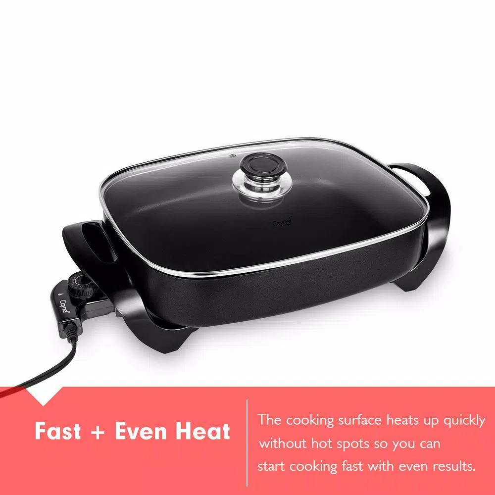 Boyel Living 12 in. Square Black Nonstick Ceramic Electric Skillet, 1400W with Tempered Glass Lid