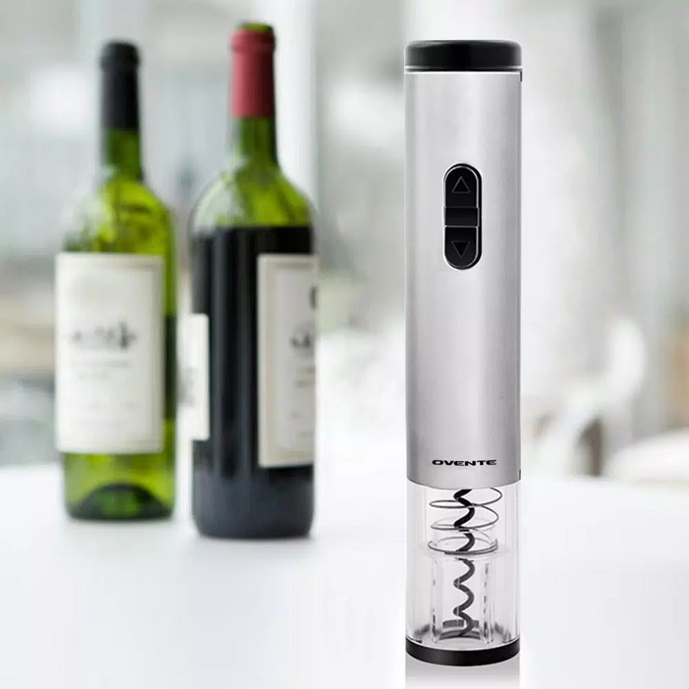 Ovente Electric Wine Bottle Opener with Foil Cutter and LED Light, Stainless Steel, Silver
