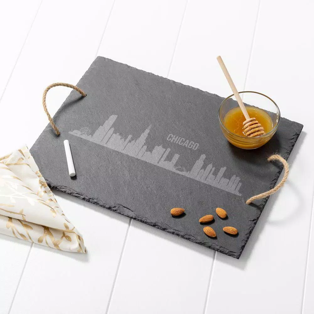 Cathy's Concepts Chicago Skyline Black Slate Serving Tray with Hemp Handles