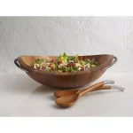 Nambe 20 in. Braid Acacia Wood Salad Bowl with Chrome Accented Servers, 32 oz. thumbnail 2