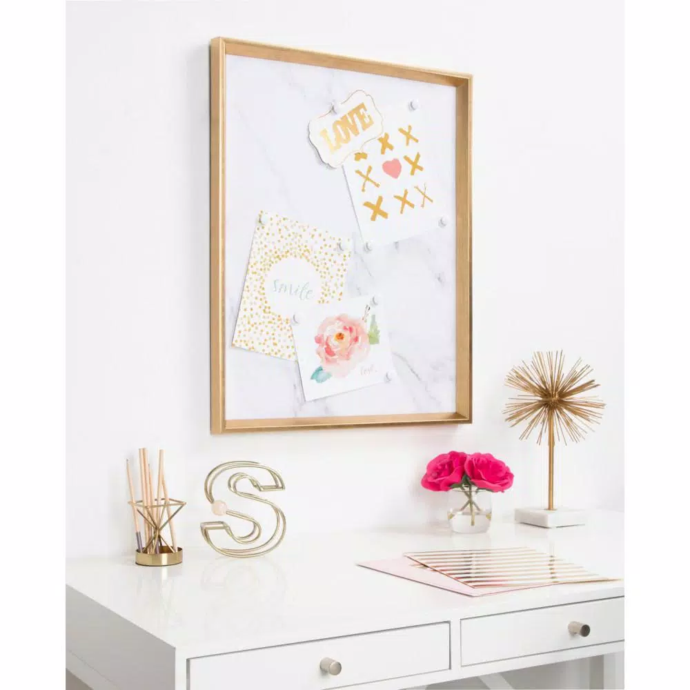 Kate and Laurel Calter Gold Marble Magnetic Memo Board - Carrara Marble Patterned Wall Organizer with Gold Frame