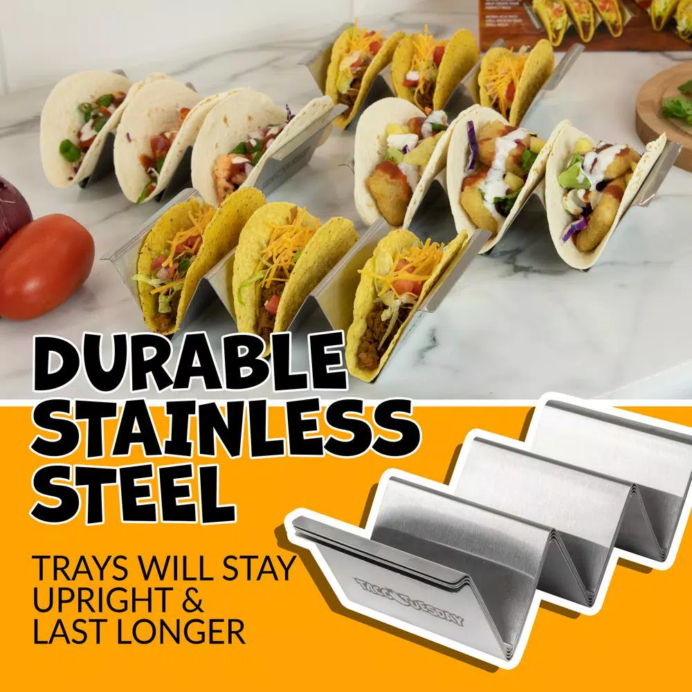 TACO TUESDAY Stainless Steel Rectangular Taco Holder Trays, 8.25 in. (Set of 4)