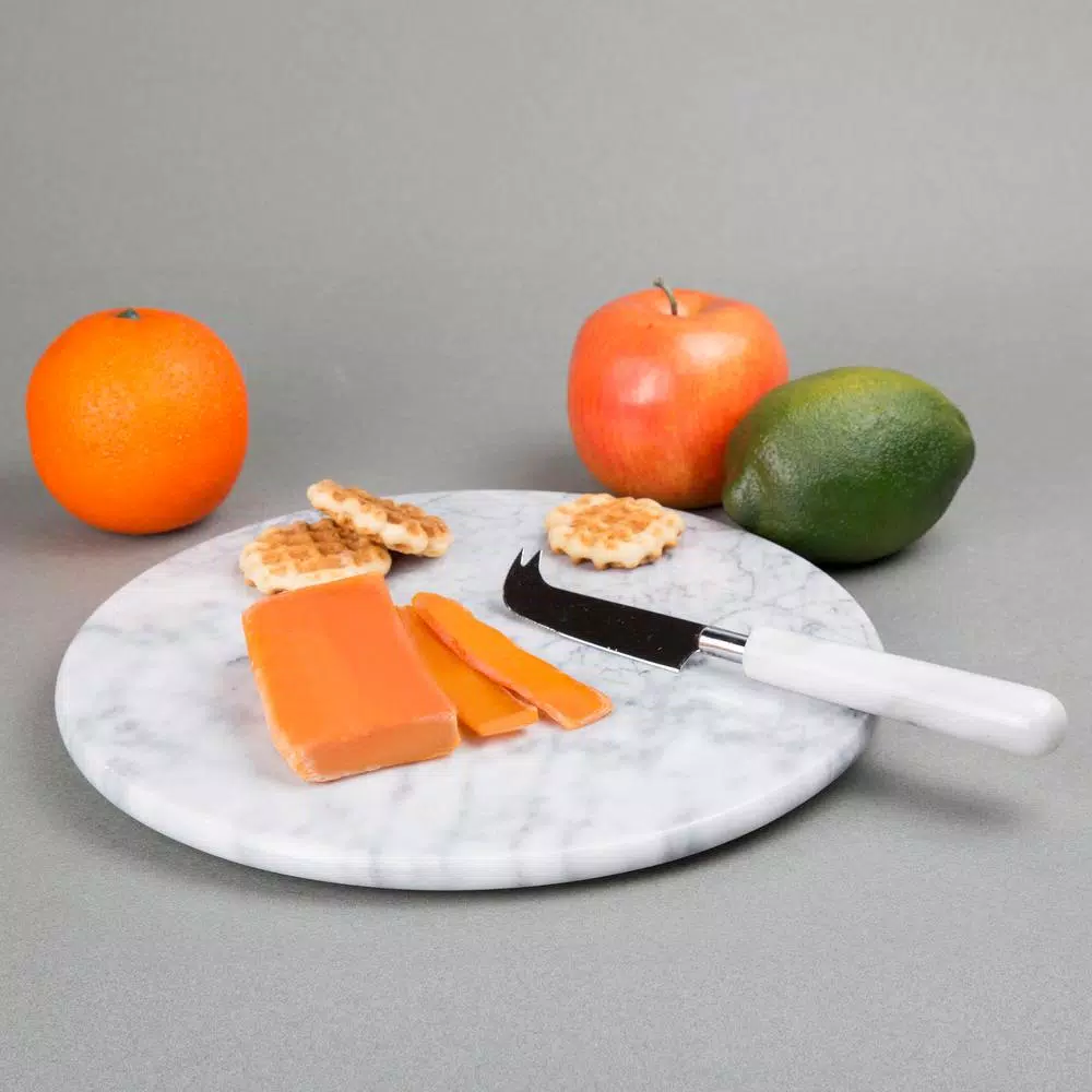 Creative Home 12 in. Natural Off-White Marble Round Serving Board for Cheese, Dessert, and Cake