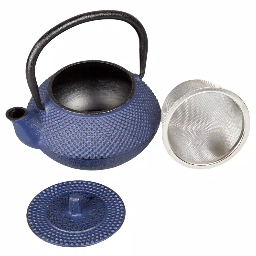 Creative Home Kyusu Blue Cast Iron Tea Pot with Removable Stainless Steel Infuser Basket, 10 oz.