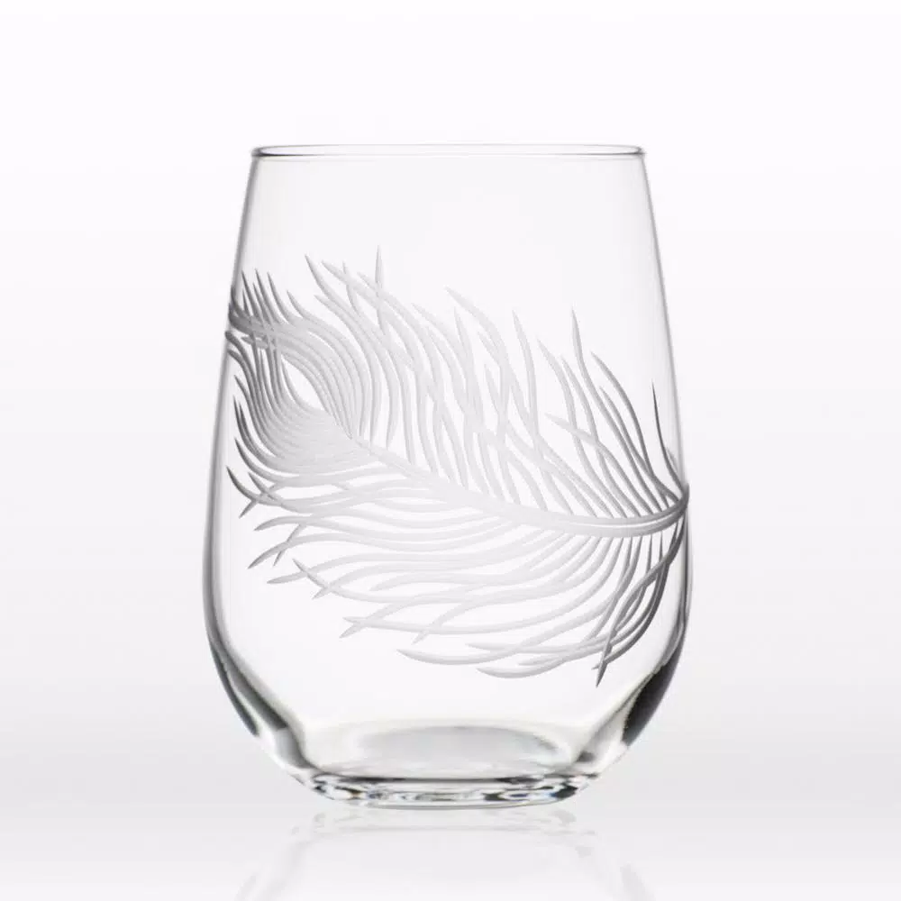 Rolf Glass Peacock Etched Stemless Wine Glass Set of 4, 17 oz Clear Glass Tumblers
