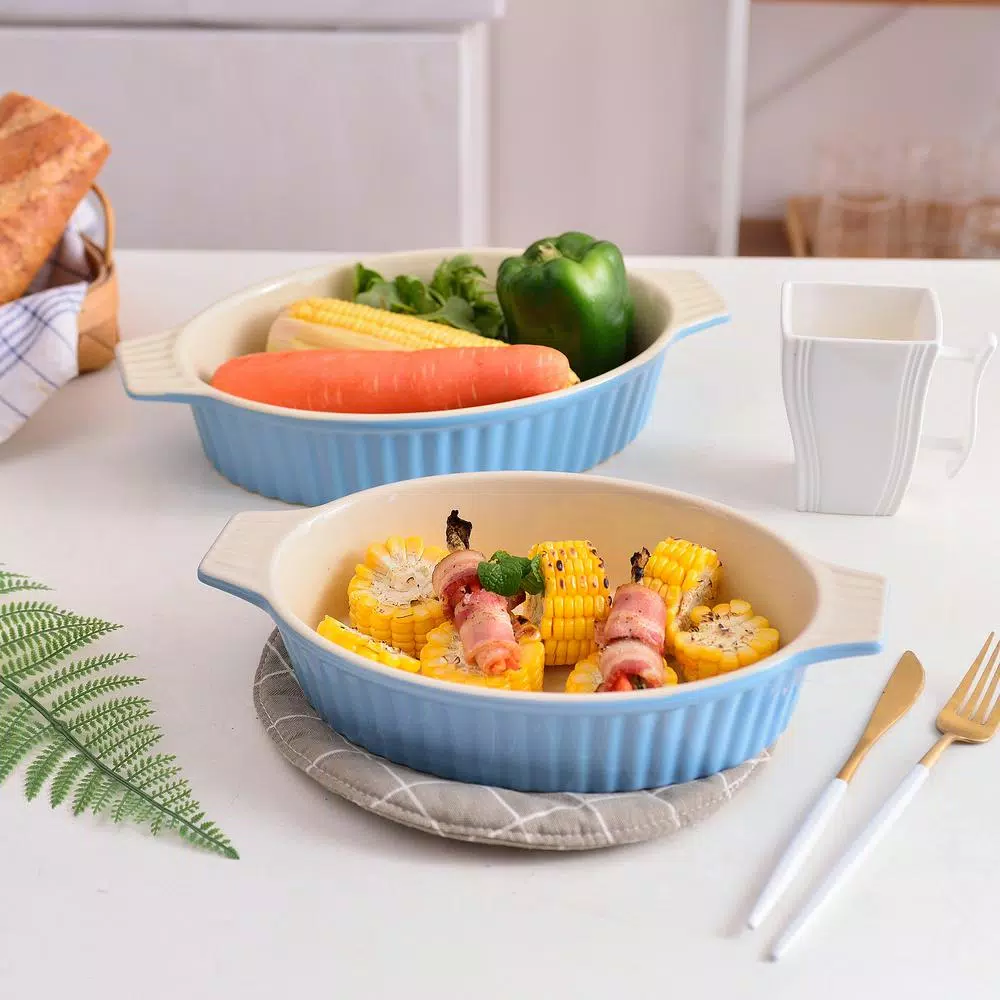 MALACASA 2-Piece Blue Oval Porcelain Bakeware Set, 12.75 in. and 14.5 in. Ceramic Baking Dishes