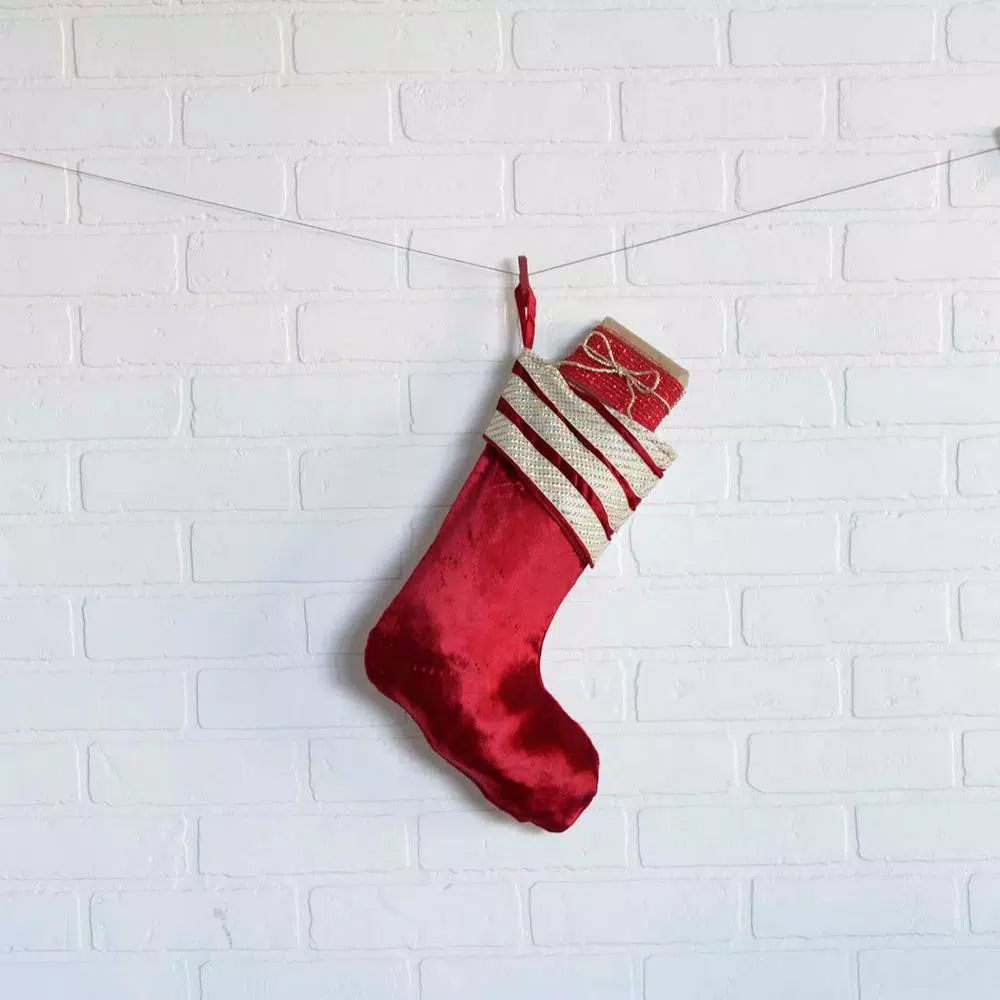 VHC Brands 15 in. Red Memories Glam Christmas Stocking with Gold Ribbon Embellishments