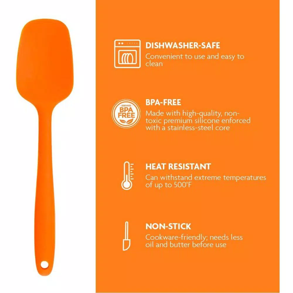 OVENTE Premium Silicone Spatula, Heat Resistant 500°F, Stainless Steel Core, Non-Stick, Orange