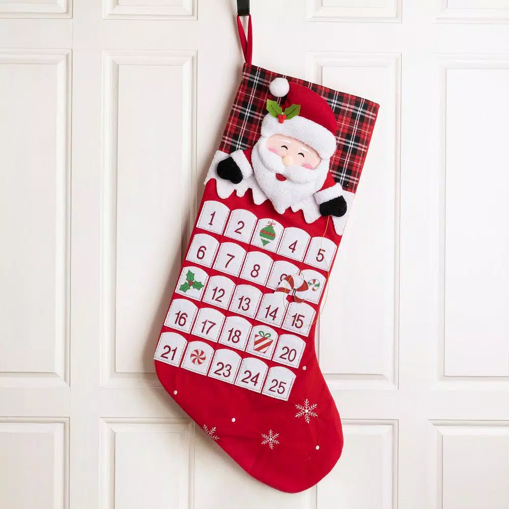 Glitzhome 36 in. Oversized 3D Santa Countdown Christmas Stocking with Plaid Cuff