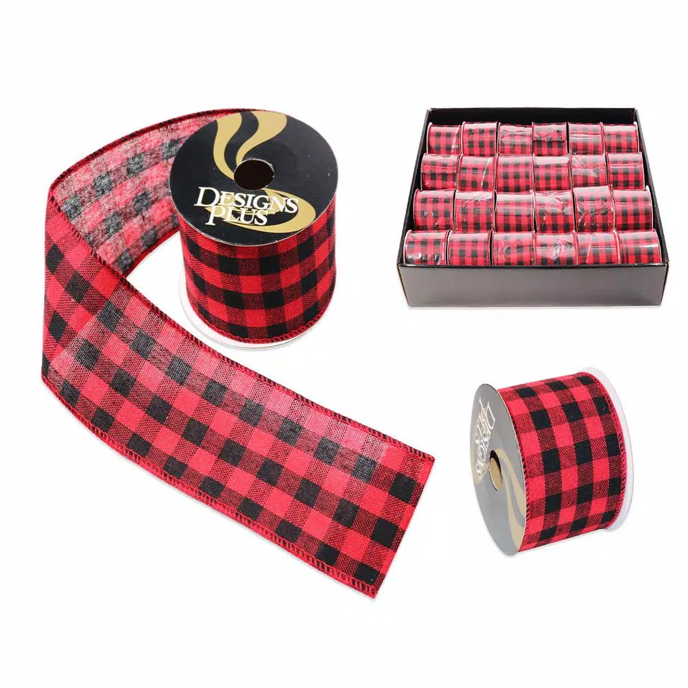 Unbranded 2.5 in. x 9 ft. Red Buffalo Plaid Wire Edge Christmas Ribbon (24-Pack)