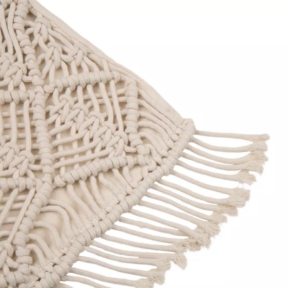 Glitzhome 18x18 Ivory Hollow-Carved Handmade Cotton Rope Pillow Cover with Tassels