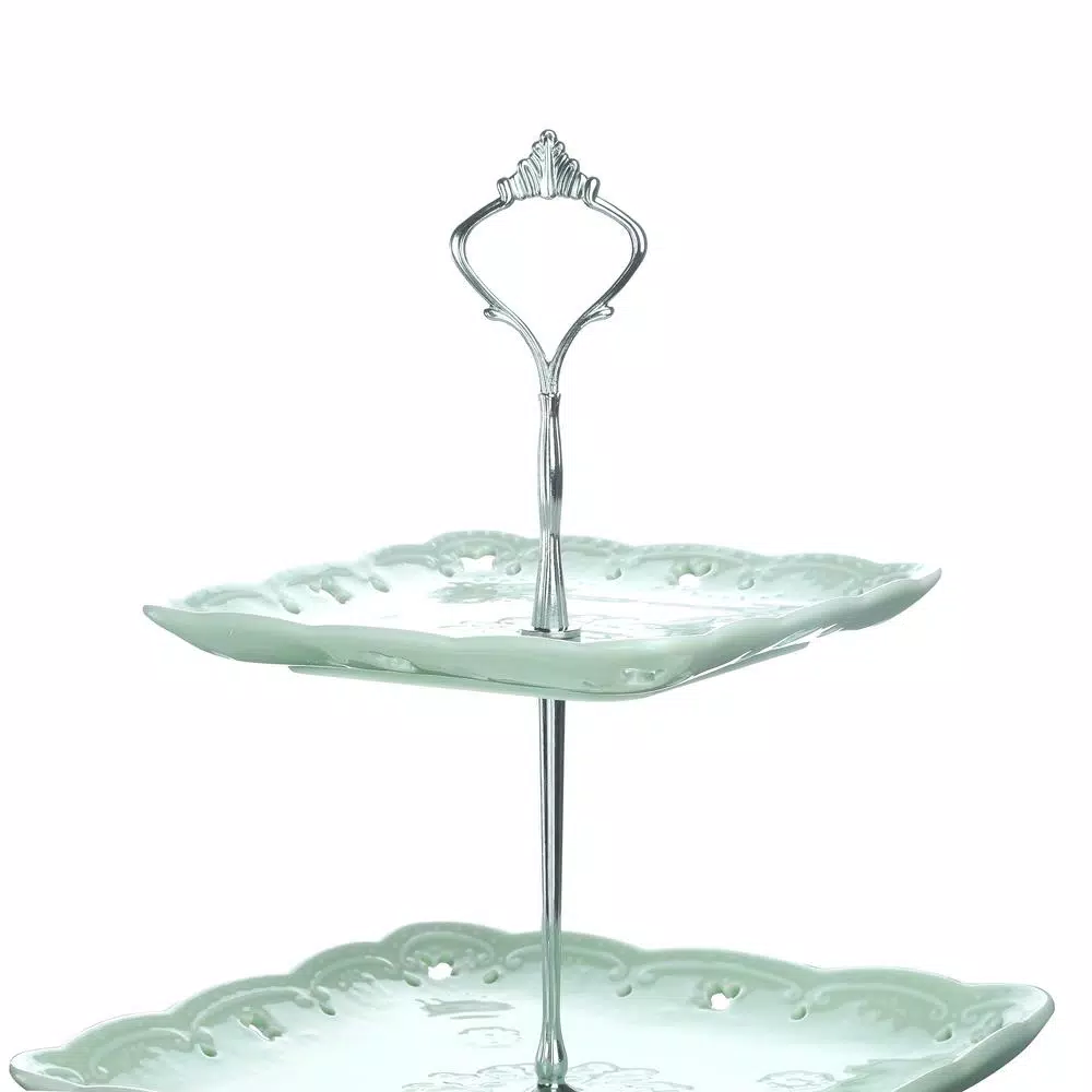 MALACASA 3-Tiered Green Porcelain Square Cupcake Tower Stand - 14.5 in. Dessert Serving Tray