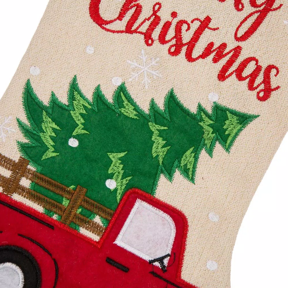 Glitzhome 21 in. Embroidered Linen Christmas Stocking - Red Truck, Tree & Plaid Design